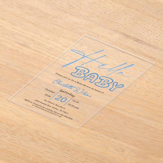 Hallo Baby Elegant blauw Baby shower Acryl Uitnodigingen (Laagn)