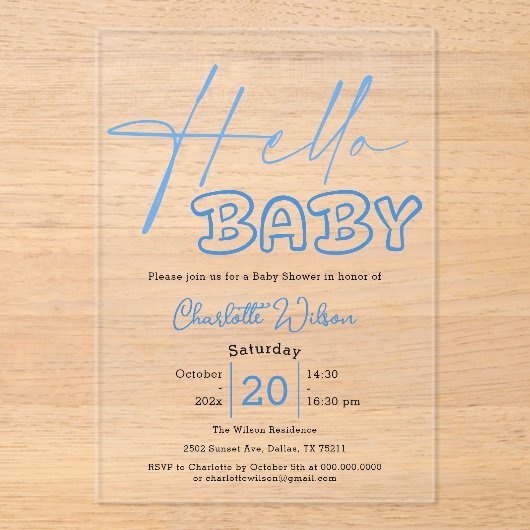 Hallo Baby Elegant blauw Baby shower Acryl Uitnodigingen (Voorkant)