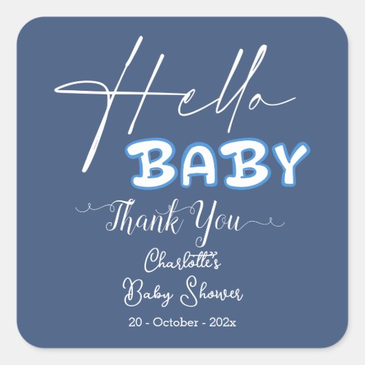 Hallo Baby Elegant donkerblauw Baby shower Vierkante Sticker (Voorkant)