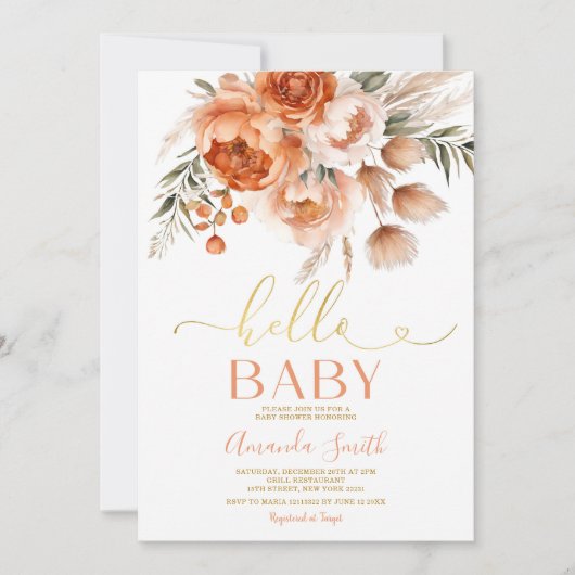 Hallo Baby Elegant Oranje Bloemen Baby shower Kaart (Voorkant)