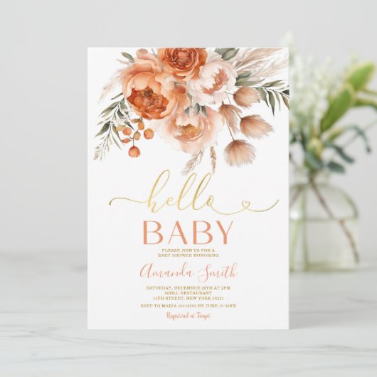 Hallo Baby Elegant Oranje Bloemen Baby shower Kaart (Staand voorkant)