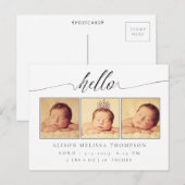 Hallo Baby Geboorte aankondiging 3 Foto Briefkaart (Voorkant / Achterkant)