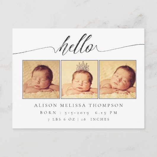 Hallo Baby Geboorte aankondiging 3 Foto Briefkaart (Voorkant)