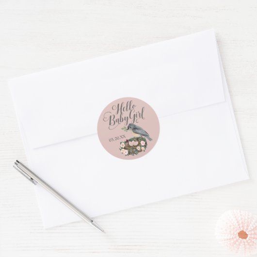 hallo Baby Girl Floral Bird's Nest Baby shower Ronde Sticker (Envelop)