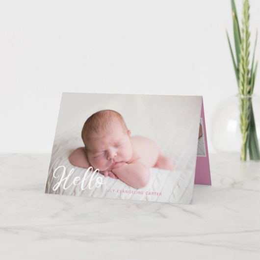 hallo Baby Girl Foto Eenvoudig script roze geboort Aankondiging (Voorkant)