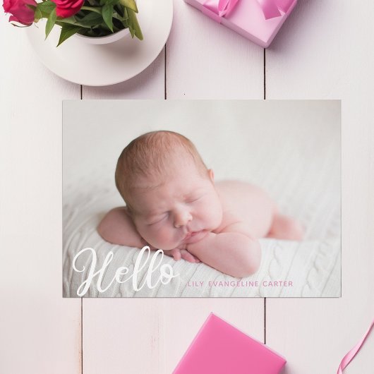 hallo Baby Girl Foto Eenvoudig script roze geboort Aankondiging