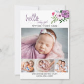 hallo Baby Girl Paars Floral 4 Foto geboorte Aankondiging (Voorkant)