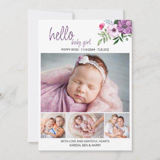 hallo Baby Girl Paars Floral 4 Foto geboorte Aankondiging (Voorkant)