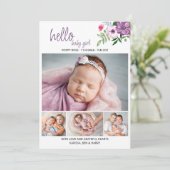 hallo Baby Girl Paars Floral 4 Foto geboorte Aankondiging (Staand voorkant)