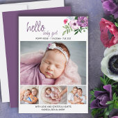 hallo Baby Girl Paars Floral 4 Foto geboorte Aankondiging