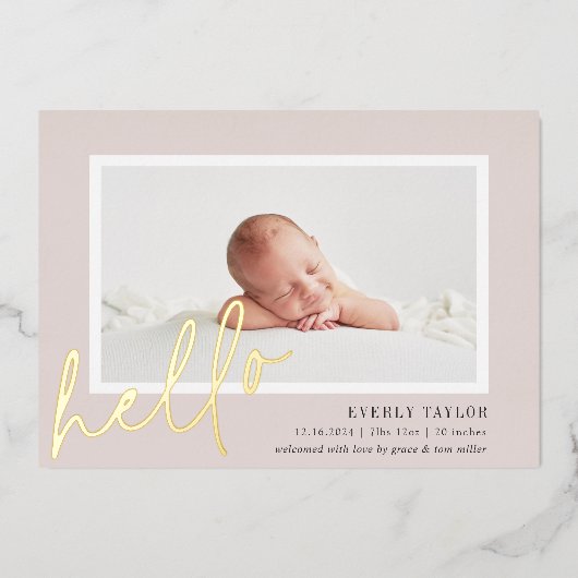 hallo Baby Gold Foil Foto geboorteaankondiging Folie Uitnodiging (Voorkant)
