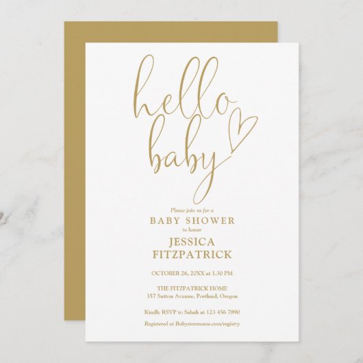 Hallo Baby Gold Heart Script-Baby shower Kaart (Voorkant / Achterkant)