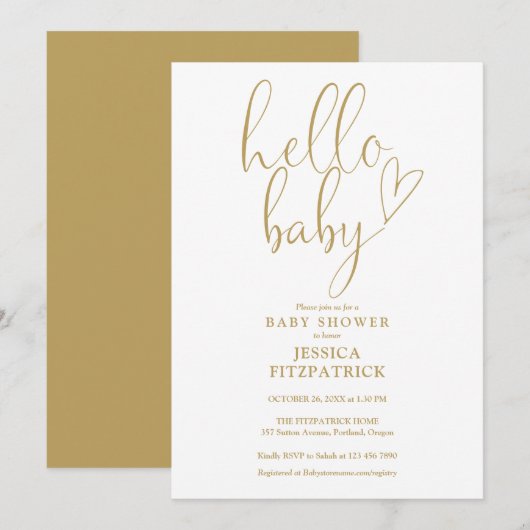 Hallo Baby Gouden Hart Script Baby Shower Kaart (Voorkant / Achterkant)