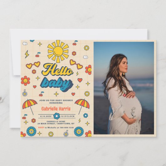 Hallo Baby Groovy Retro Baby shower Party Foto Kaart (Voorkant)
