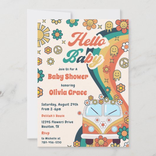Hallo Baby Groovy Retro Bloemen Baby shower Party Kaart (Voorkant)