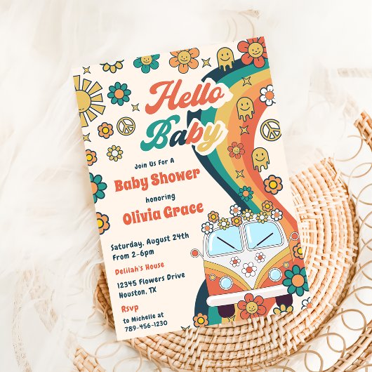 Hallo Baby Groovy Retro Bloemen Baby shower Party Kaart