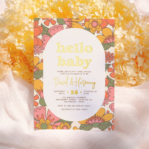 Hallo Baby Groovy Retro Bloemengoud Baby Shower Folie Uitnodiging