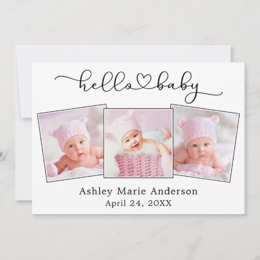 Hallo Baby Kalligrafiescript Hart 3 Foto Aankondiging (Voorkant)