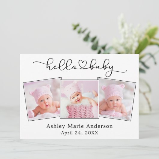 Hallo Baby Kalligrafiescript Hart 3 Foto Aankondiging (Staand voorkant)