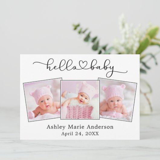 Hallo Baby Kalligrafiescript Hart 4 foto's Aankondiging (Staand voorkant)