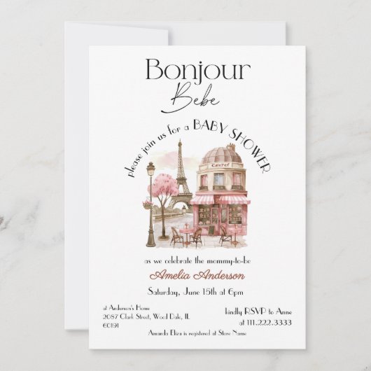 Hallo Baby Meisje Parijs Frans Roze Cafe Baby Borr Kaart (Voorkant)