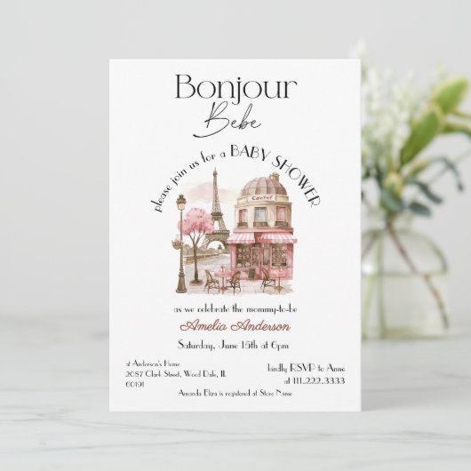 Hallo Baby Meisje Parijs Frans Roze Cafe Baby Borr Kaart (Staand voorkant)