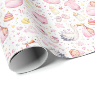 Hallo Baby Meisje – Waterverf Patroonontwerp Cadeaupapier