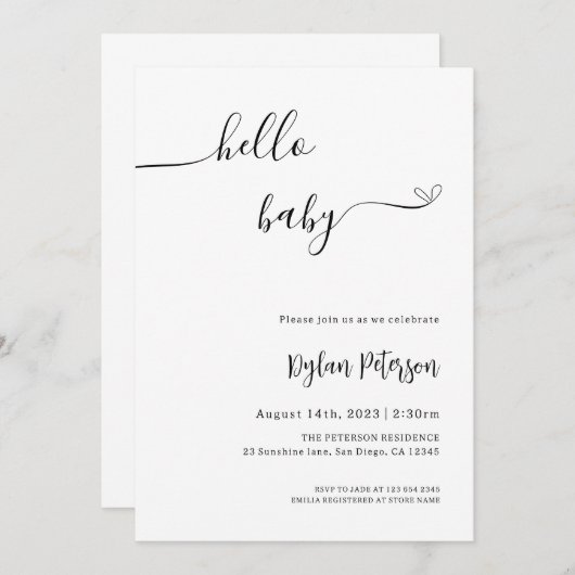 hallo Baby | Minimale uitnodiging tot Baby shower (Voorkant / Achterkant)