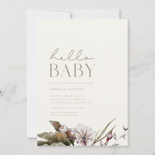 HALLO BABY | Minimalistisch Salie & Ivoor Baby sho Kaart (Voorkant)