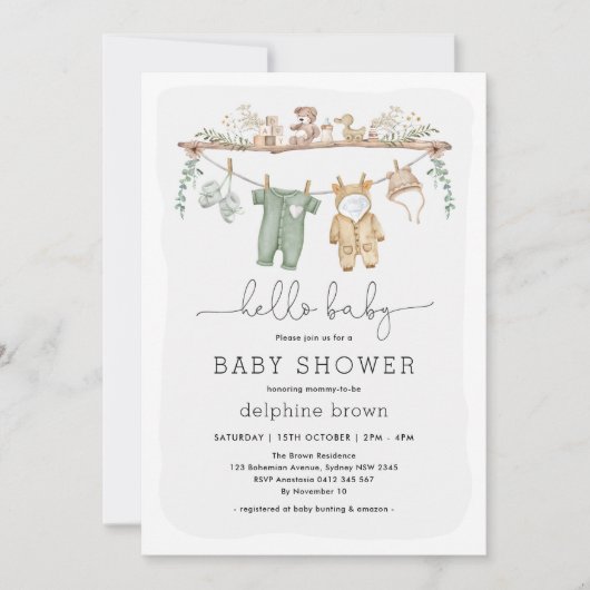 Hallo Baby Modern Boho Baby Kleren Neutrale Douche Kaart (Voorkant)