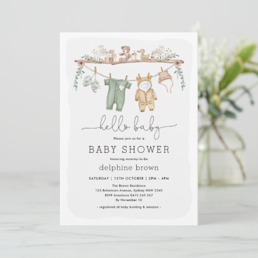 Hallo Baby Modern Boho Baby Kleren Neutrale Douche Kaart (Staand voorkant)