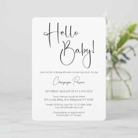 Hallo Baby Modern Script Baby shower Invitation Kaart (Staand voorkant)