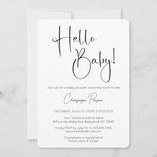Hallo Baby Modern Script Baby shower Invitation Kaart (Voorkant)