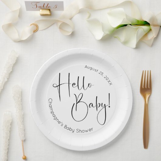 Hallo Baby Modern Script-Baby shower Papieren Bordje (Huwelijk)