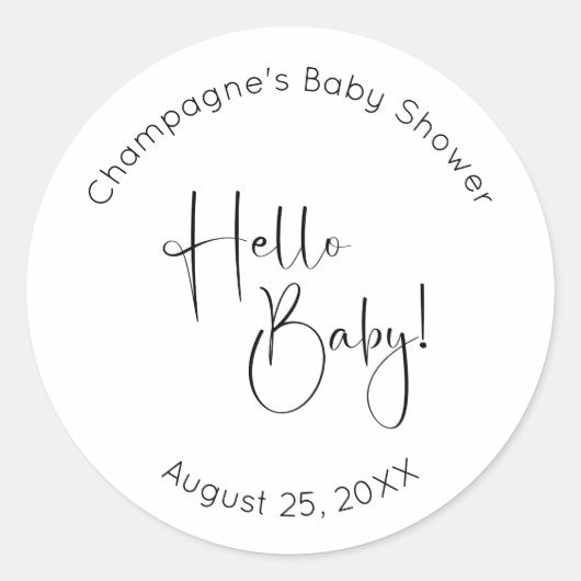 Hallo Baby Modern Script-Baby shower Ronde Sticker (Voorkant)