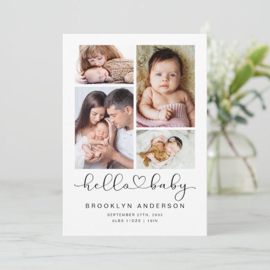 Hallo Baby Modern Vier Foto Nieuwe Baby Bedankkaart (Staand voorkant)