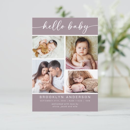hallo Baby | Modern Vier Fotogeboorte Aankondiging (Staand voorkant)