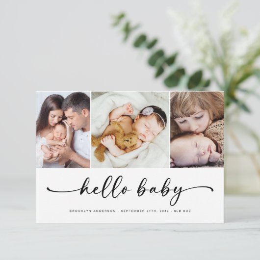 hallo Baby | Moderne drie foto's geboorte Aankondiging (Staand voorkant)
