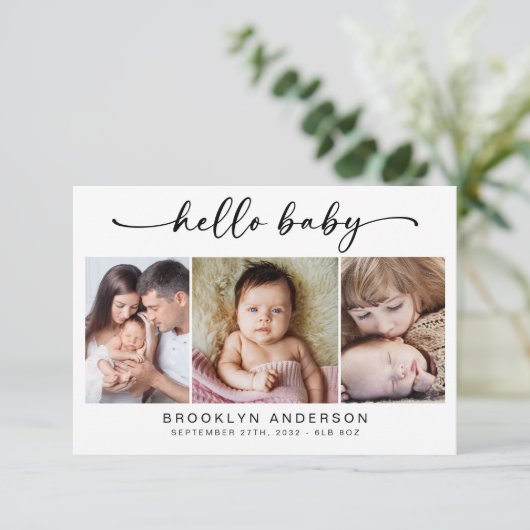 hallo Baby | Moderne drie foto's nieuwe baby Bedankkaart (Staand voorkant)
