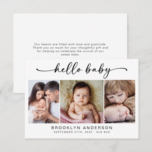 hallo Baby | Moderne drie foto's nieuwe baby Bedankkaart (Voorkant / Achterkant)