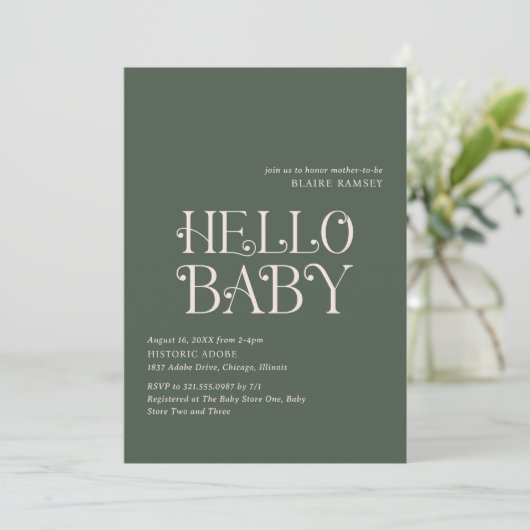 Hallo Baby Moss Green Modern Baby shower Kaart (Staand voorkant)