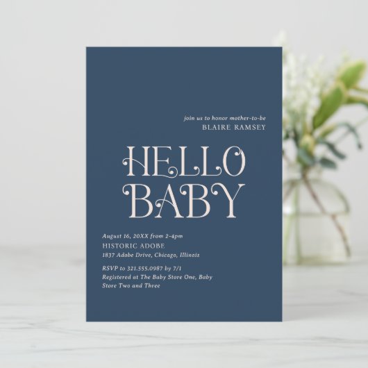 Hallo Baby Navy Blue Modern Baby shower Kaart (Staand voorkant)