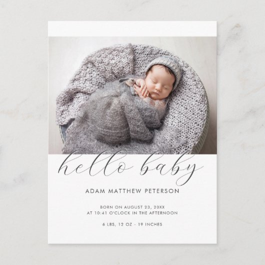 Hallo Baby Neutral Black White Geboorte Aankondigi Briefkaart (Voorkant)