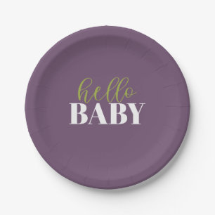 Hallo Baby Paarse en groene Baby shower Papieren Bordje