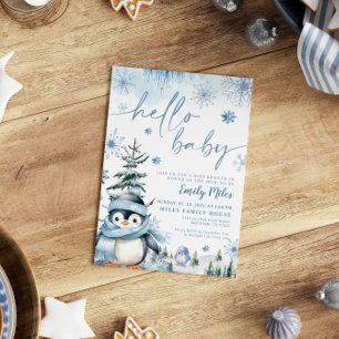 Hallo Baby Pinguïn, Winterblauw baby shower Kaart