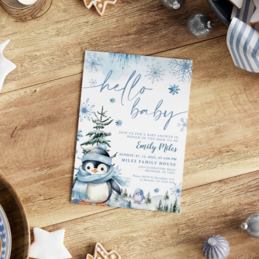 Hallo Baby Pinguïn, Winterblauw baby shower Kaart