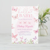 Hallo Baby Pink Butterfly Baby shower Invitation Kaart (Staand voorkant)