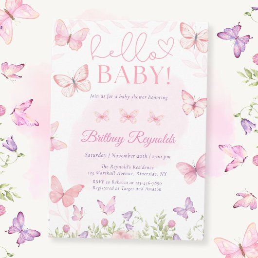 Hallo Baby Pink Butterfly Baby shower Invitation Kaart