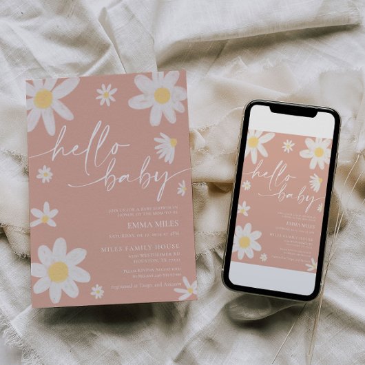 hallo Baby Pink Daisy Baby shower Uitnodiging
