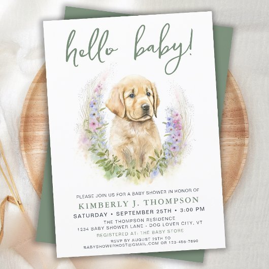 hallo Baby Puppy Dog Modern Sage Green Baby shower Kaart
